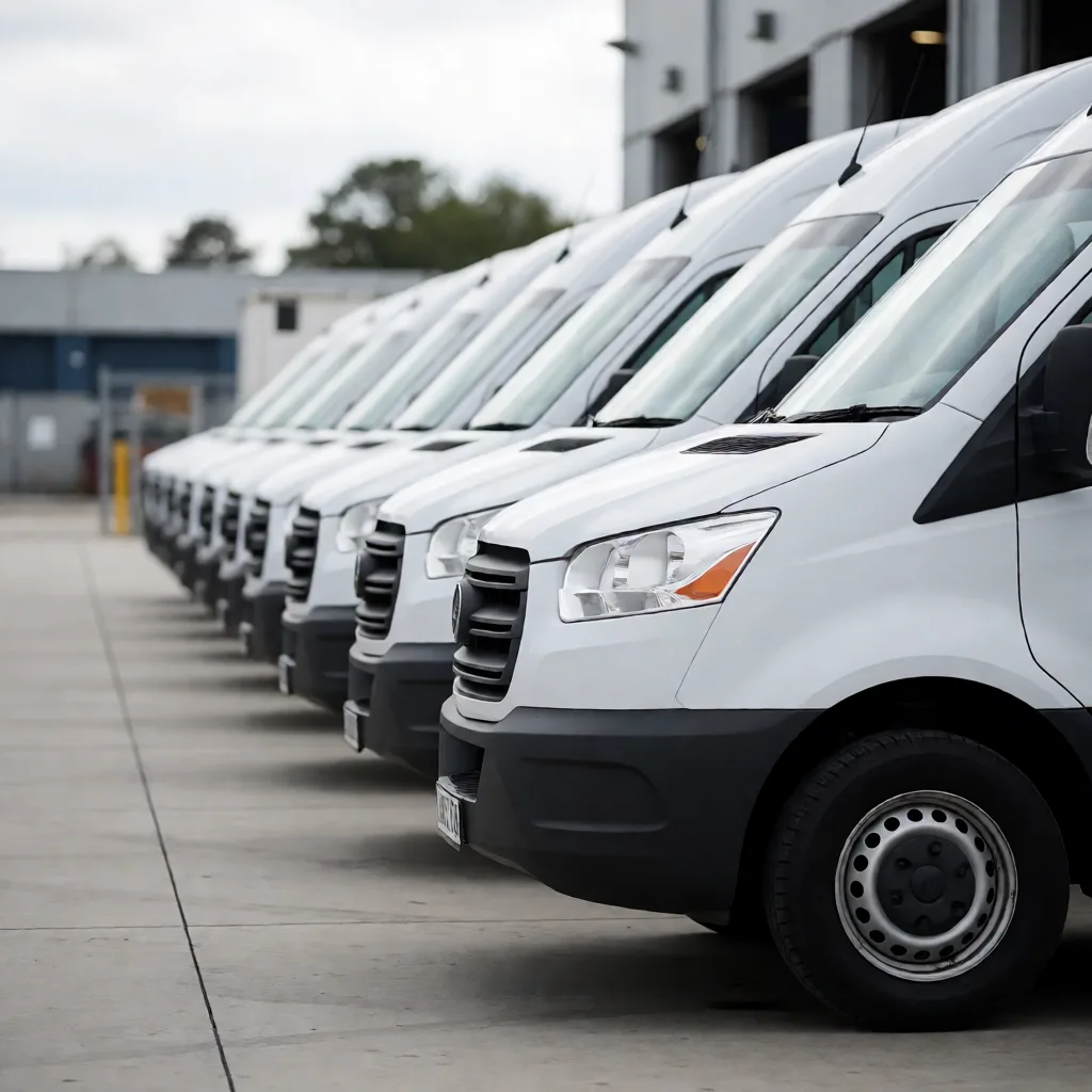 Side view photograph of a row of identical white delivery vans parked at a depot