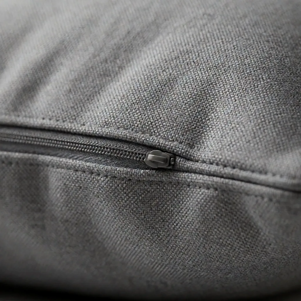 Macro photograph of a stitched seam and a closed zipper on a grey cushion cover
