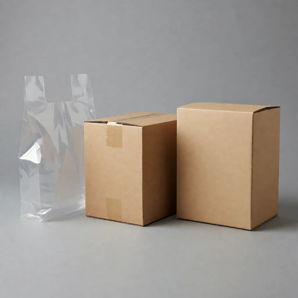 Studio photograph of a poly bag, a plain brown carton and a blank rigid retail box side by side