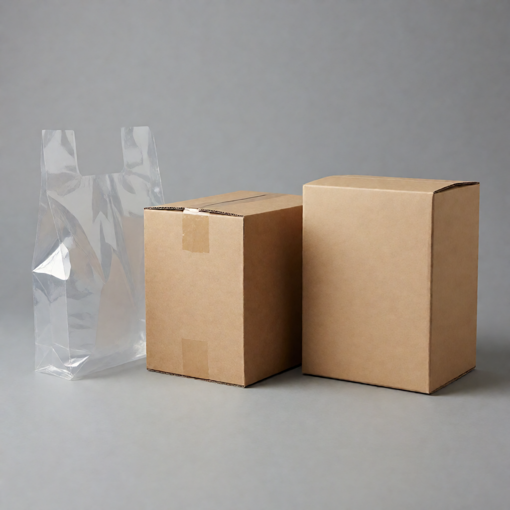 Studioaufnahme eines Polybeutels, eines schlichten braunen Kartons und einer leeren stabilen Einzelhandelsbox nebeneinander
