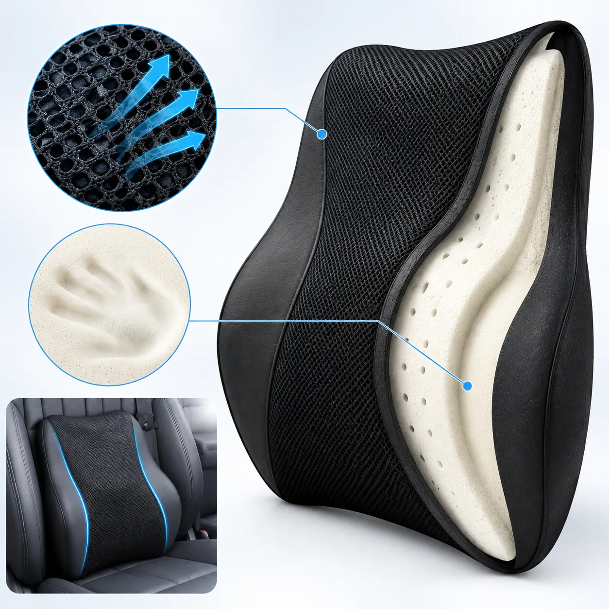 3D Breathable Memory Foam Car Lumbar Support