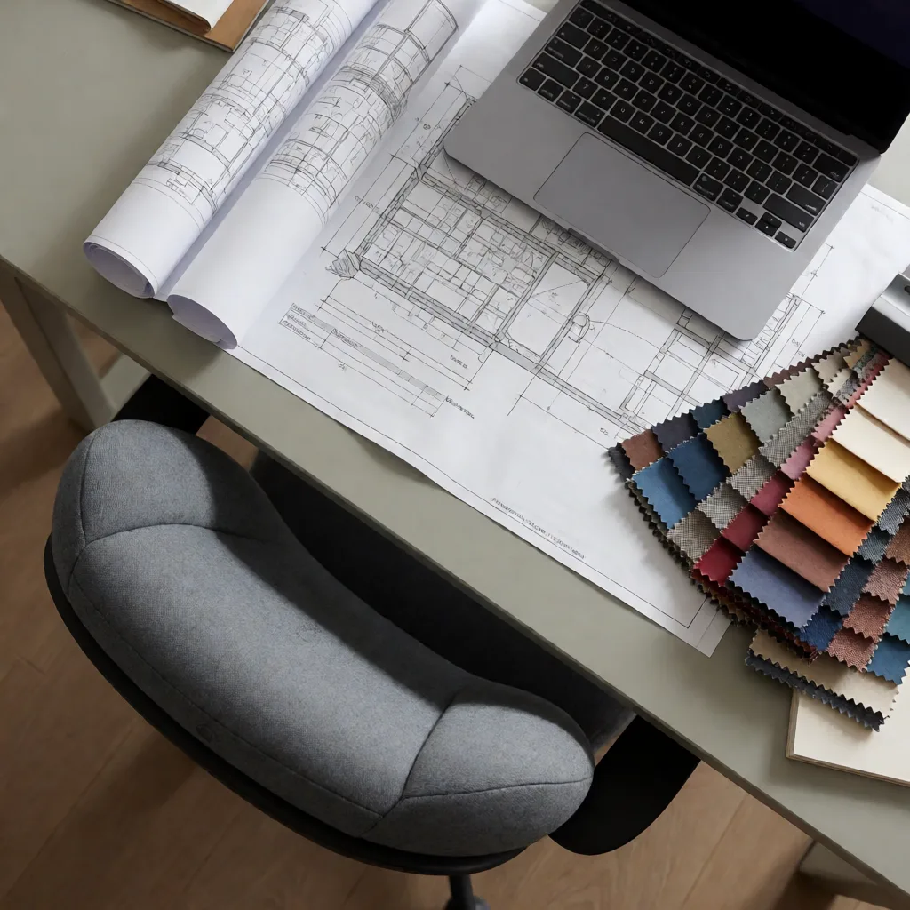 Overhead photograph of a desk with a grey lumbar cushion, a rolled technical drawing and fabric swatches