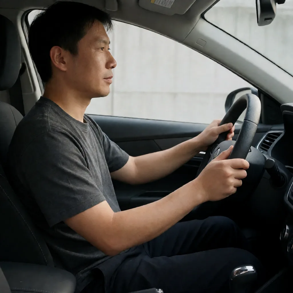 Side view photograph of a person seated with a hand placed at the lower back curve