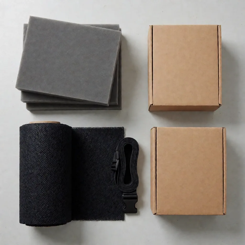 Car lumbar support manufacturing inputs laid out together: foam block, air-mesh fabric roll, elastic strap hardware and plain shipping cartons