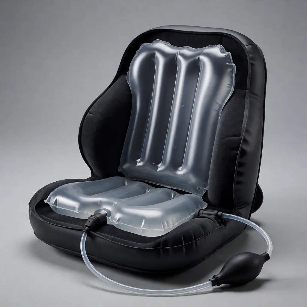 Cutaway of an inflatable car lumbar support cushion showing the internal air bladder and a hand pump bulb