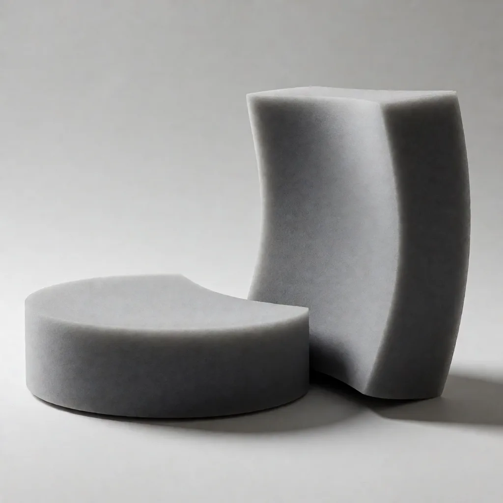 Two grey polyurethane foam cushion cores side by side, one low and flat and one tall and deeply curved
