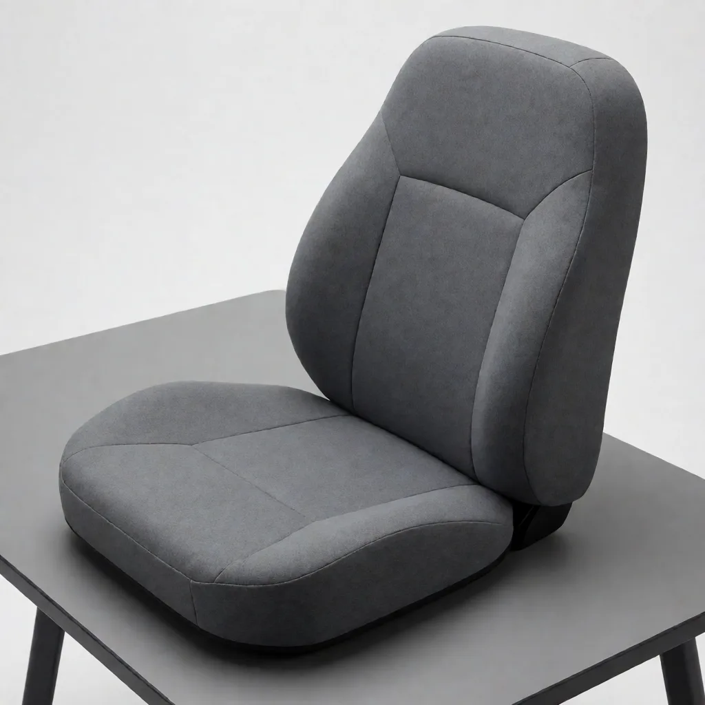 Two grey car cushions side by side on a grey table: a flat wedge-shaped seat cushion and a tall curved lumbar support cushion