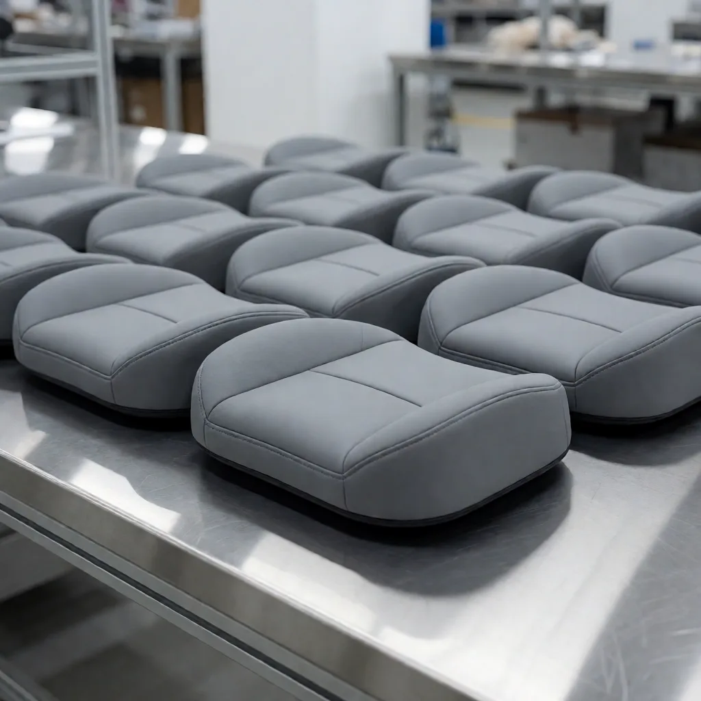 Photograph of rows of finished grey car lumbar support cushions on a stainless steel inspection table