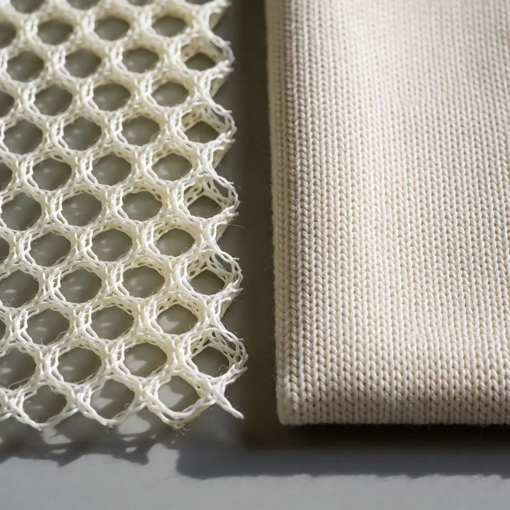 Close-up photograph of grey 3D air mesh fabric stretched over a contoured car lumbar support cushion