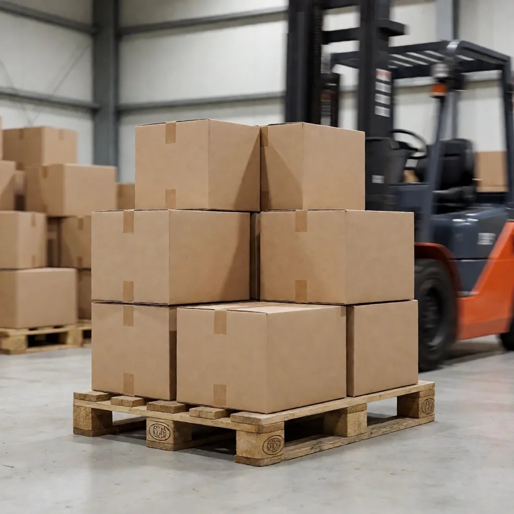 Photograph of a pallet stacked with plain brown cartons in a warehouse aisle
