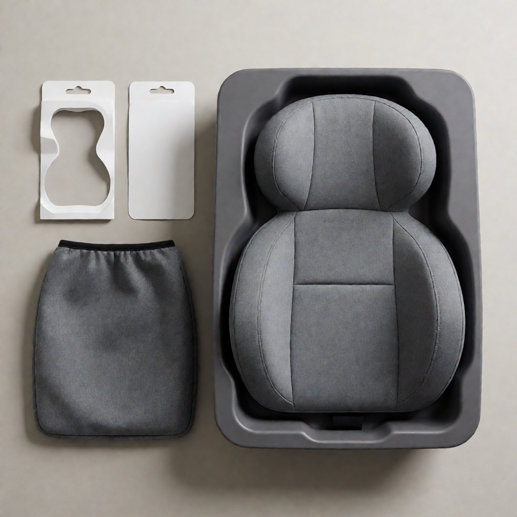 Überkopfaufnahme eines Geschenksets: ein graues Lendenstützkissen in einer geformten Einlage mit Stoff-Sleeve daneben