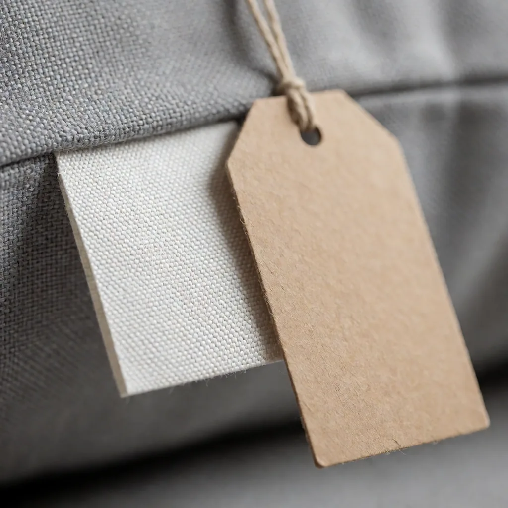 Macro of a blank woven care label and a plain blank hang tag attached to a grey cushion cover