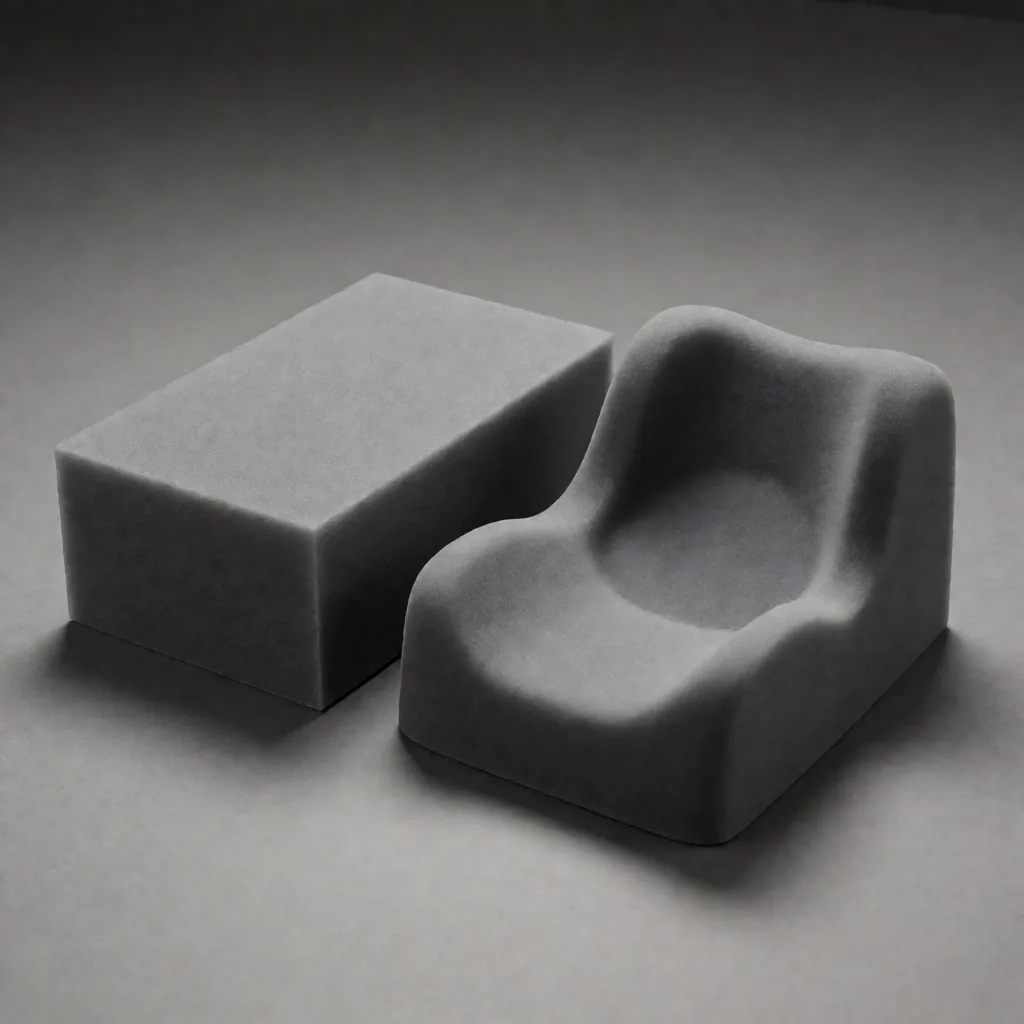Cut foam core next to a compression-moulded contoured car lumbar support core on a studio workbench