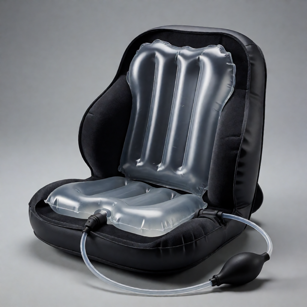 Vista en corte de un cojín de soporte lumbar inflable para coche que muestra la cámara de aire interna y una perilla de bomba manual